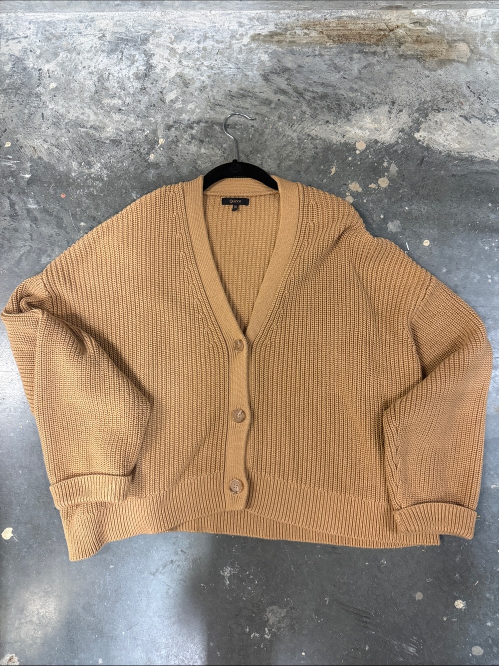 Quince Camel Ribbed V-Neck Button Cardigan